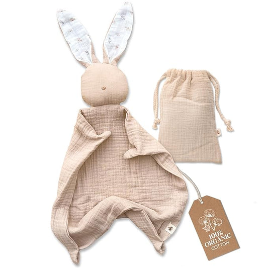 Mikito Organic Cotton Baby Muslin Lovey Bunny - Oeko-TEX & GOTS Certified - Security Blanket & Perfect Loveys for Babies - Unisex New Baby Gift for Ultimate Comfort & Peaceful Dreams