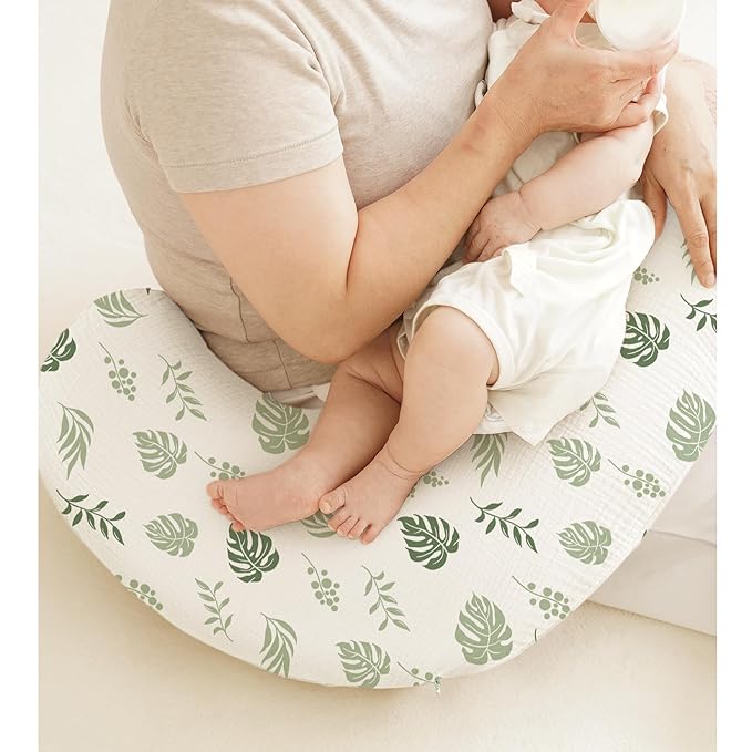 Muslin Nursing Pillow Covers, 2 Pack, Soft & Adorable Slipcovers with Zipper Closure, 100% Cotton Covers for Breastfeeding Pillows (Leaf, Green)