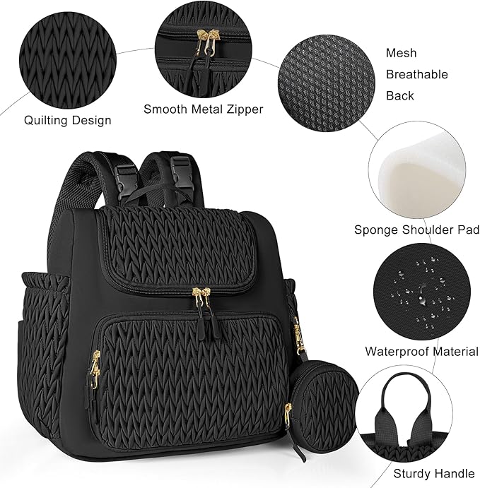 Geestock Diaper Bag Small Diaper Backpack, Stylish Quilted Baby Backpacks, Mini Maternity Bags, with Changing Pad, Pacifier Case & Stroller Straps, Parents Essentials Diaper Bag, Black