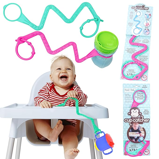 Brilli Baby Cup Catcher Patented Safety Tether Strap, Attach Sippy Cups, Bottles, Pacifiers & More to Stroller, High Chair, Car Seat, Made in USA, Food Grade, Dishwasher Safe (Aqua & Pink)