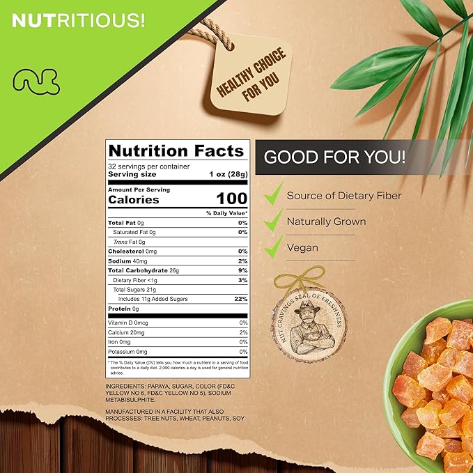 NUT CRAVINGS - Sun Dried Papaya Chunks, Lightly Sweetened (32oz, 2 LB) Bulk Dry Fruits Packed Fresh in Resealable Bag - Sweet Healthy Snack, Naturally Grown, Vegan, Kosher