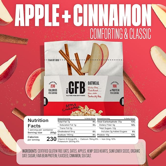 The GFB Apple Cinnamon Protein Oatmeal Cups - Unique Pop-Up Bowl - Gluten Free, Plant Based, Non GMO, Sustainably Made - Ridiculously Tasty, Healthy, Vegan Protein Instant Oatmeal, 2 oz (6 Count)