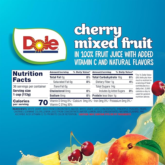 Dole Fruit Bowls Cherry Mixed Fruit in 100% Juice Snacks, 4oz 36 Total Cups, Gluten & Dairy Free, Bulk Lunch Snacks for Kids & Adults