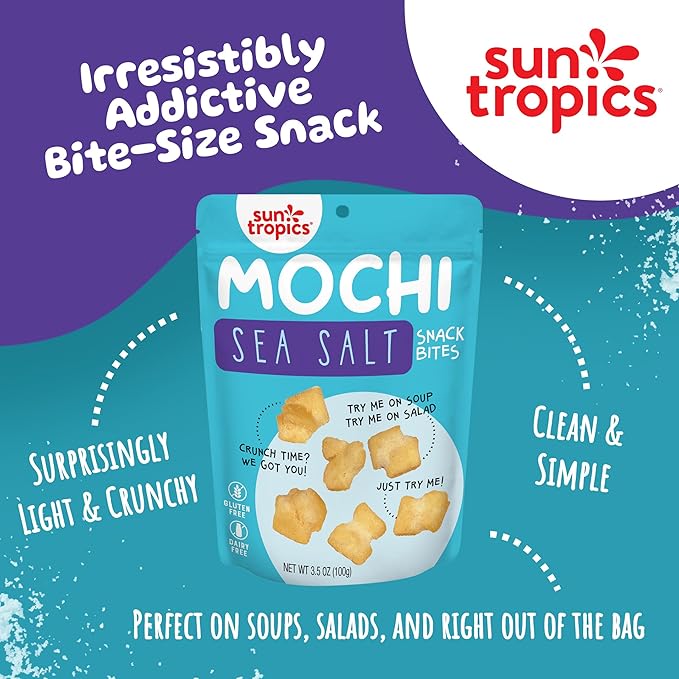 Sun Tropics Mochi Snack Bites, Sea Salt Flavor- 3.5 oz (6 Pack) | Crispy Crunchy Mochi Bites, Rice Nuggets | Mochi Puff Rice Crackers- Gluten Free & Dairy Free- No MSG Added | Asian Rice Snacks