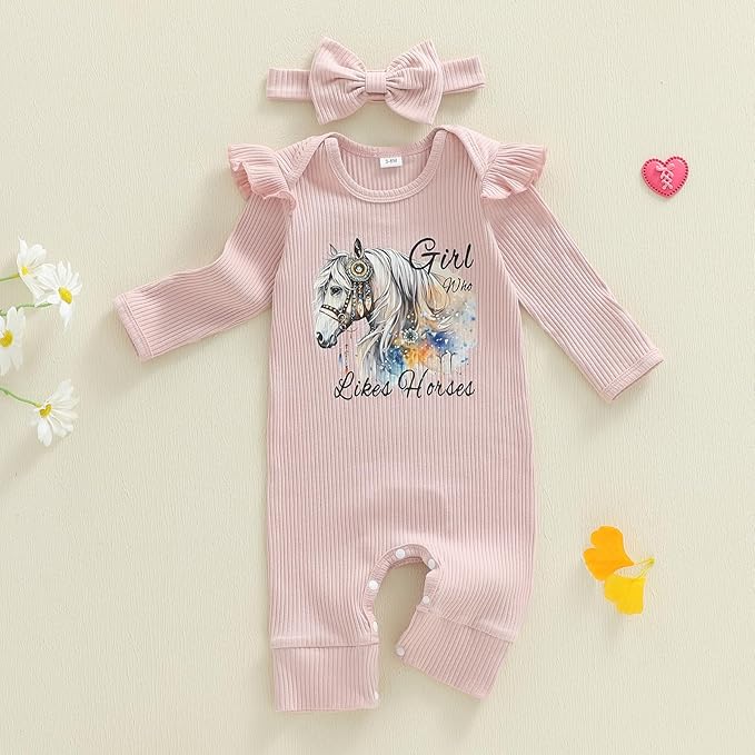 WZTYYDS Newborn Baby Girl Clothes Ribbed Romper Print Long Sleeve Jumpsuits Bow Headband Set Infant One-piece Outfits