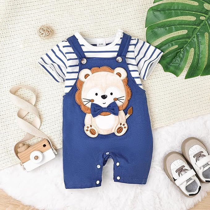 Baby Boy Clothes Newborn Outfits Stripe Romper Infant Cartoon Overall Adjustable Suspender Pants Set 0-18 Months