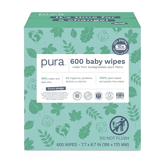 Pura Natural Sensitive Baby Wipes, 99% Water, Unscented & Hypoallergenic, Suitable for Sensitive & Eczema-prone Skin, Hypoallergenic, EWG Verified, 10 Pack of 60 Wet Wipes (600 Diaper Wipes) Bulk Buy