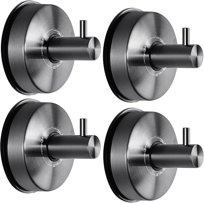 JOMOLA Suction Cup Shower Hooks for Hanging Towel Suction Hook for Inside Shower Stainless Steel Coat Hooks Wall Mounted Kitchen Utensil Stainless Steel, Brushed Black, 4PCS