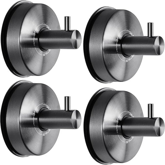 JOMOLA Suction Cup Shower Hooks for Hanging Towel Suction Hook for Inside Shower Stainless Steel Coat Hooks Wall Mounted Kitchen Utensil Stainless Steel, Brushed Black, 4PCS