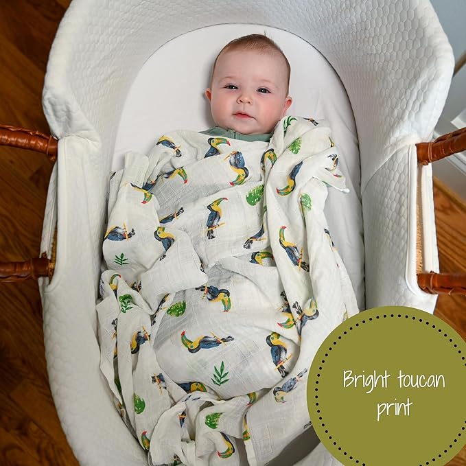 LollyBanks Swaddle Blanket, 100% Cotton Muslin Swaddle Blankets for Boys and Girls, Large 47 x 47 Inches Baby Blanket, Soft and Breathable Receiving Blankets, Registry (Vibrant Tropical Toucan)