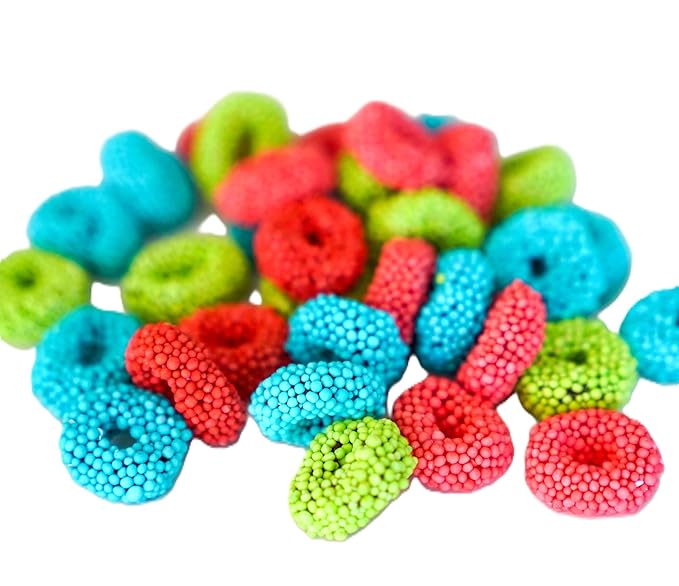 Assorted Sour Fruit Flavored Crunchy Candy Coated Gummy Candy Rings - 1 lb of Blue Raspberry Watermelon Green Apple Chewy Sweet Treats in Reasealable Bag