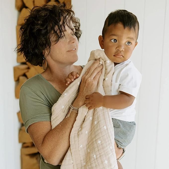 Little Unicorn Newborn Receiving Quilt | Ultra- Soft, Multi-Layered Muslin Fabric | Gift for Newborns & on-The-go (Taupe Cross)