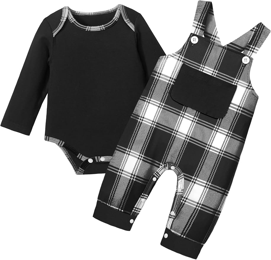 Baby Boy Clothes Long Sleeve Animal Plaid Romper + Overalls Infant Boy Clothes 2PCS Fall Winter Outfits