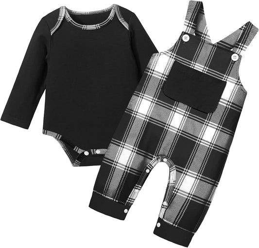 Baby Boy Clothes Long Sleeve Animal Plaid Romper + Overalls Infant Boy Clothes 2PCS Fall Winter Outfits