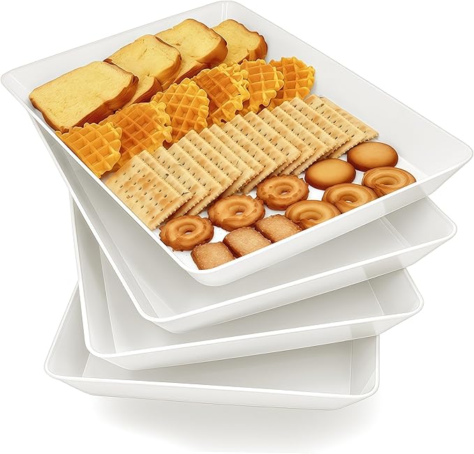 Serving Tray Platter, 4 Pack Food Tray for Veggie Fruit Snack Dessert Cookie Cheese, Food Trays for Party Supplies Display, Plastic Platters for Serving Food, Large White Trays, BPA Free
