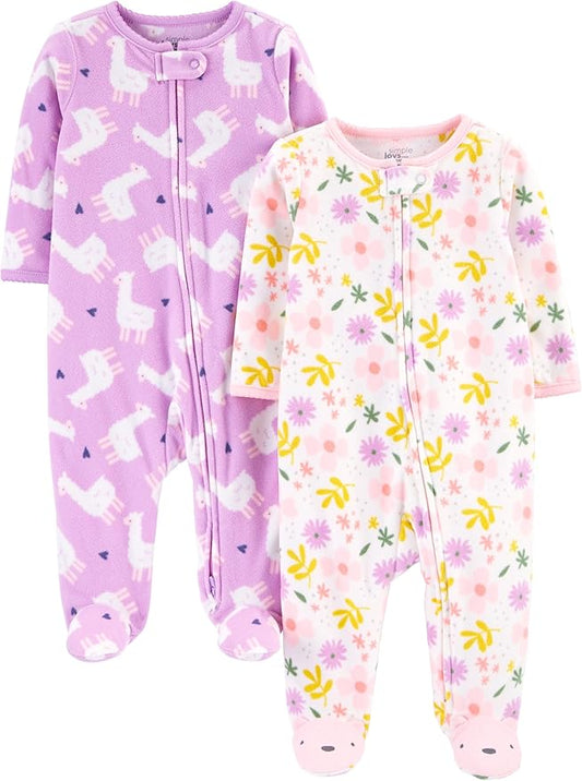 Simple Joys by Carter's Baby Girls' Cotton and Fleece Footed Sleep and Play, Pack of 2