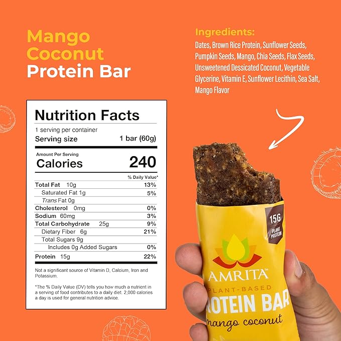 Amrita Nut Free Vegan Protein Bars (12 CT PK of 3) | Mango Coconut 15g Plant-Based Protein Bar | Peanut-Free, Gluten Free, and Dairy-Free | No Added Sugar, High Fiber, Healthy Snacks for Kids/Adults