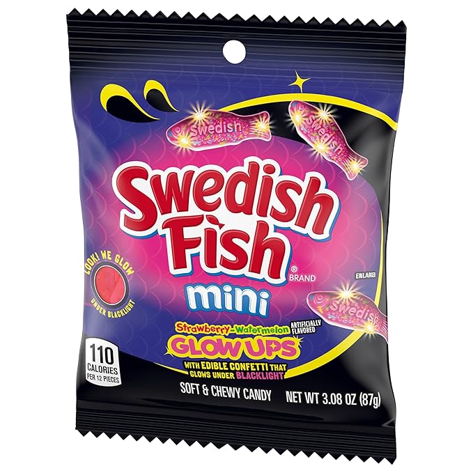 SWEDISH FISH Mini Glow Ups Strawberry-Watermelon Soft & Chewy Candy, Bulk Candy, 12-3.08 oz Bags