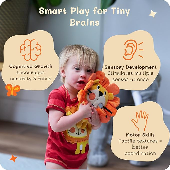 Funstuff Roary The Lion Crinkle Toy for Baby - Sensory Tummy Time Toys - Plush Stuffed Animal with Teething Toy Chew Ring