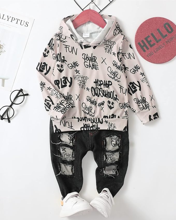NZRVAWS Baby Boy Clothes Toddler Boy Outfit 2 3 4T 6 12 18 24 Month Fall Winter Hoodie Ripped Jeans Clothing