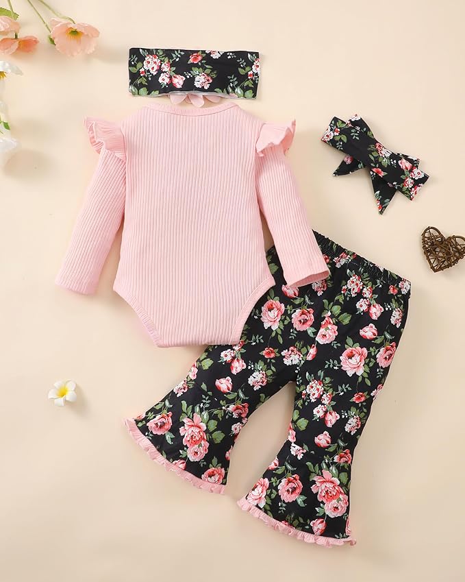 SUNNY PIGGY Newborn Baby Girl Clothes Infant Outfits Romper Floral Fall Outfit Bell Bottoms Pant Sets Hat Headband Flowerpant