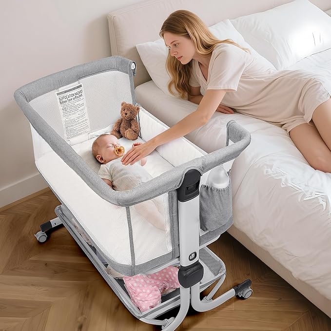 Baby Bassinet Bedside Sleeper, Upgraded Stability Bedside Crib with Full Mesh Sides, Soft Sheet, 6-Height Adjustment, Storage Basket, Easy Folding Portable Bassinet for Newborns, Gray