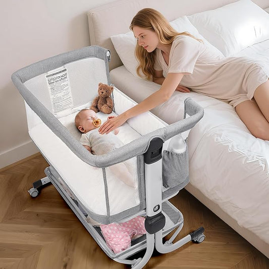Baby Bassinet Bedside Sleeper, Upgraded Stability Bedside Crib with Full Mesh Sides, Soft Sheet, 6-Height Adjustment, Storage Basket, Easy Folding Portable Bassinet for Newborns, Gray