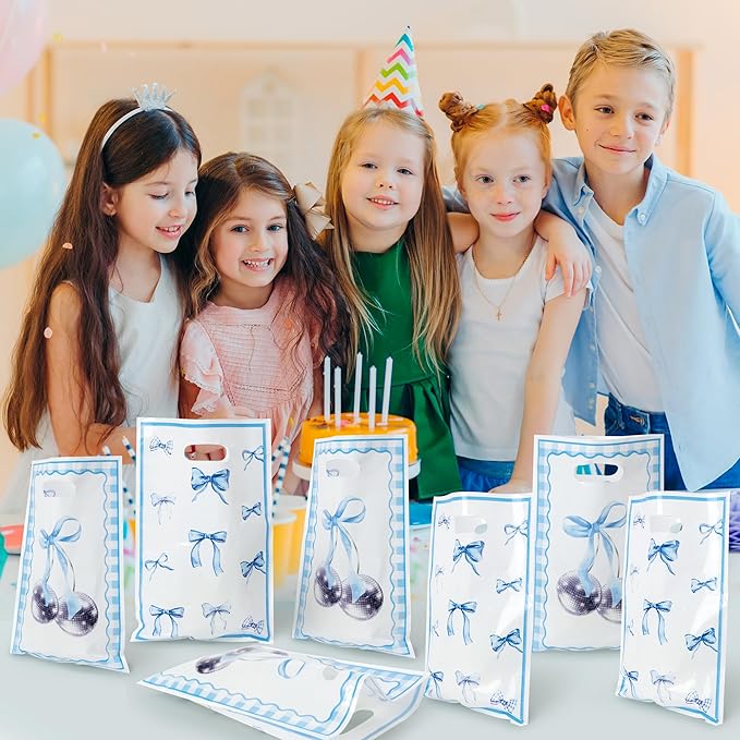 Blue Bow Party Favor Bags - 50Pcs Coquette Bow Knot Themed Goody Candy Treat Gifts Bags, Blue Theme Party Decorations for Kids Girls Women Birthday Wedding Bridal Shower Supplies