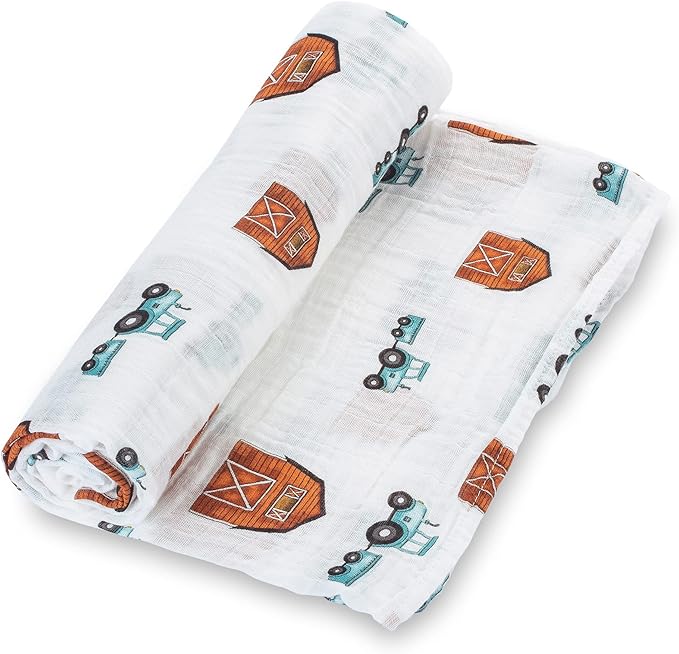 LollyBanks Swaddle Blanket, 100% Cotton Muslin Swaddle Blankets for Boys and Girls, Large 47 x 47 Inches Newborn Swaddles, Soft and Breathable Baby Blanket, Baby Essentials, Registry (Barn Print)