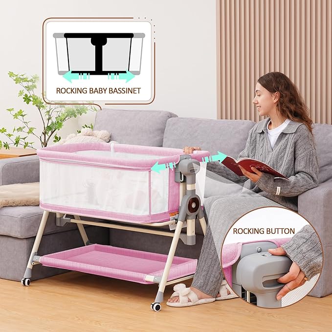 Baby Bassinet, Rocking Bassinet with Waterproof Sheet, 3-in-1 Baby Bassinets Bedside Sleeper, 6 Height Adjustable Pink Bassinet