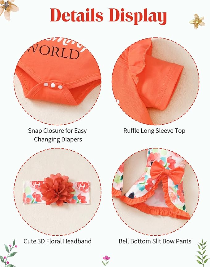 SUNNY PIGGY Newborn Baby Girl Clothes Infant Outfits Romper Floral Fall Outfit Bell Bottoms Pant Sets Hat Headband Flowerpant