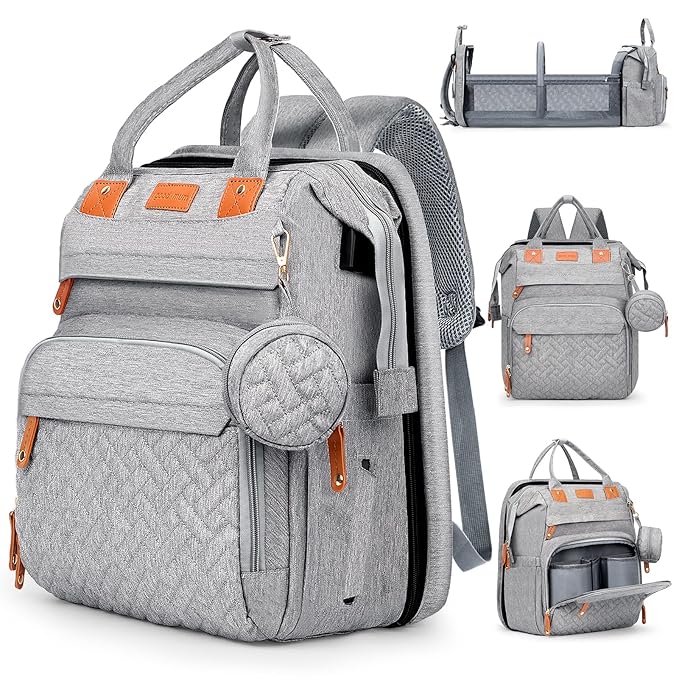 Baby Diaper Bag, Backpack with Changing Table, Unisex Baby Bag, with Diaper Pad, USB Charging Port, Insulated Pacifier Case, Multifunctional Waterproof Travel Diaper Bag, Gift for Newborn Baby (Grey)
