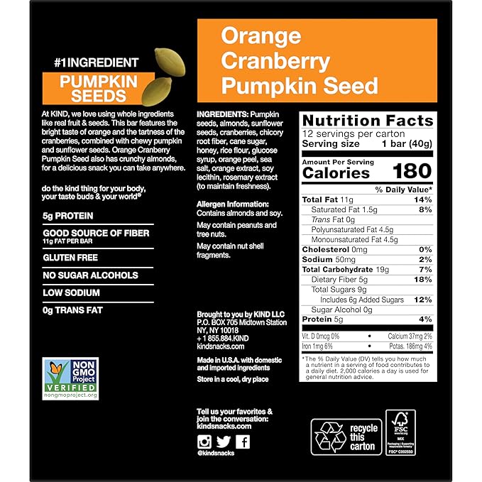 KIND Seeds Fruit & Nuts Snack Bar, Orange Cranberry | 5g Protein, High Fiber, Gluten Free Bars, 1.4 OZ, 12 Count