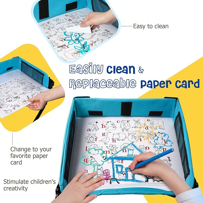BUENAVO [New Version] Car Seat Organizer Kids Travel Tray for Kids Toddlers Activities in Car Seat, Stroller, Airplane | Waterproof Dry Erase Top | Side Pocket & Water Bottle Holder