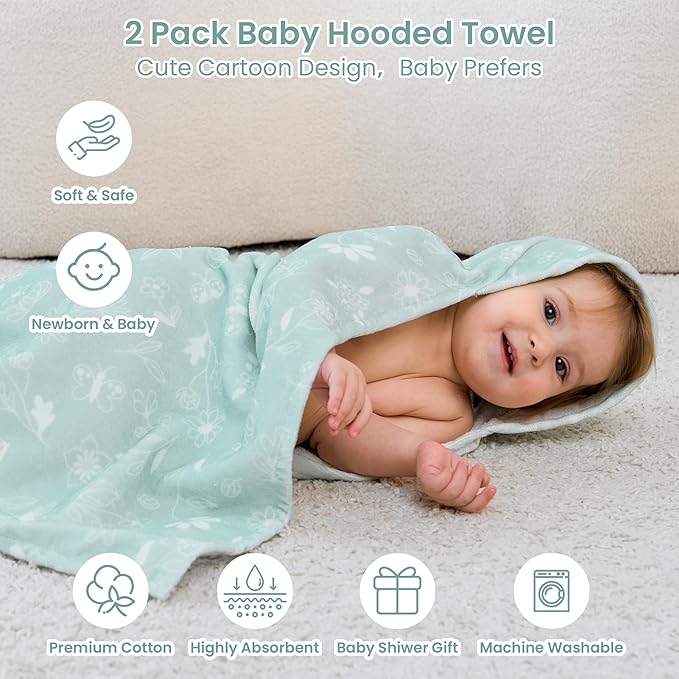 Mooreeke 2 Pack Toddler Towels - 100% Cotton Toddler Hooded Towels - Soft Baby Bath Towel with Hood for Newborn - Comfort Towel for Baby Girls and Boys - Animal Shaped (Flower & Star)