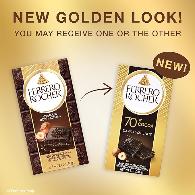 Ferrero Rocher Premium Chocolate Bars, 8 Pack, Dark Chocolate Hazelnut, 3.1 oz Each