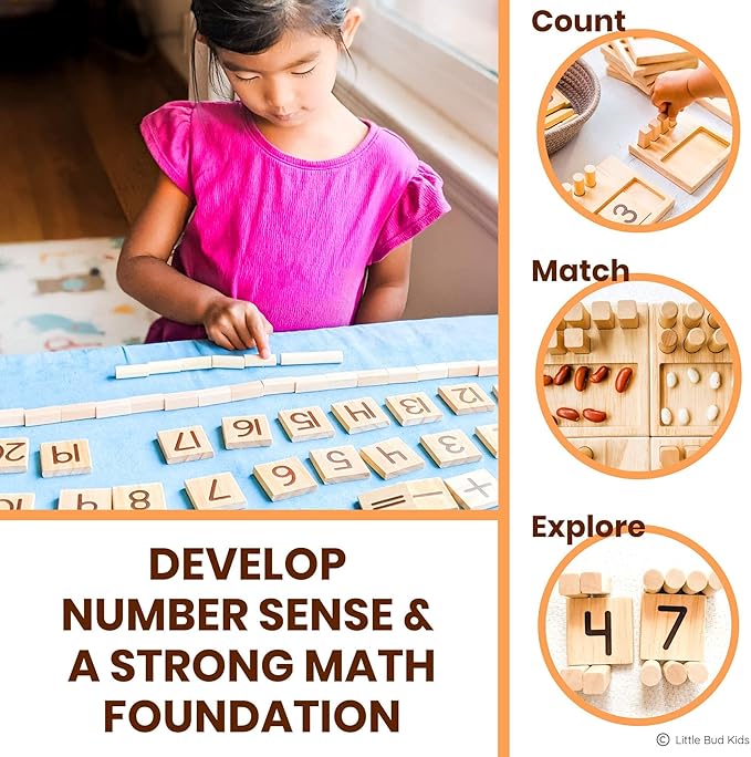 LITTLE BUD KIDS Counting Pegs - A Ten Frame Math Game with Addition and Subtraction Flash Cards, A Wooden Montessori Math Toy & Math Manipulatives Number Peg Boards for Kids 3 4 5 6 7