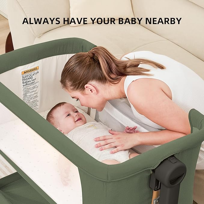 ANGELBLISS 3 in 1 Baby Bassinet, Rocking Bassinets Bedside Sleeper with Comfy Mattress and Wheels, 6 Height Adjustable Easy Folding Portable Bedside Crib for Newborn Infant (Green)