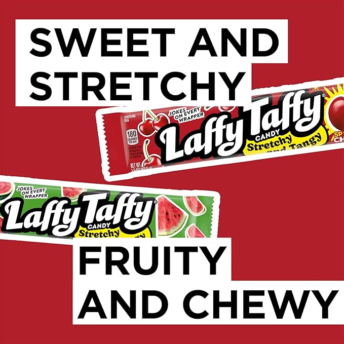Laffy Taffy Stretchy & Tangy Variety Candy Box, Grape, Watermelon, and Cherry Flavors, 1.5 Ounce Bars (Pack of 24)