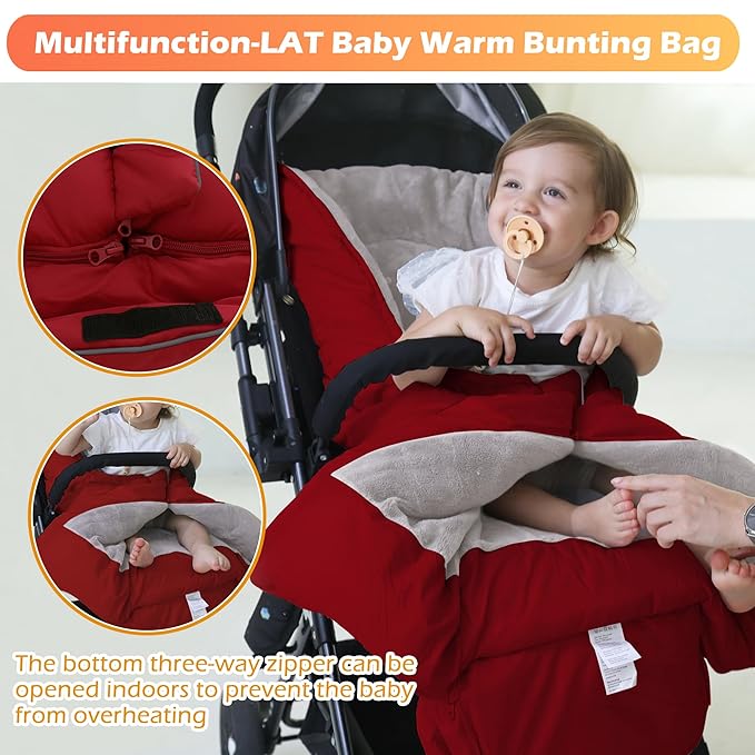 LAT Baby Warm Bunting Bag Universal,Stroller Sleeping Bag Cold Weather,Waterproof Toddler Footmuff(Basic,Red)