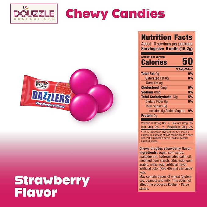 DOUzzle Back To School Dazzlers Strawberry Chews, The Perfect Chew Candy (63 Count, 1 Pack) Individually Wrapped, Party Favor, Goodie Bag & Pinata Filler - Kosher Parve