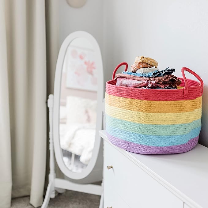 OrganiHaus Large Blanket Basket for Living Room 20x13, Rainbow Rope Basket for Classroom Organization, Toy Storage Basket, Woven Kids Laundry Basket, Baby Toy Box, Cute Storage Basket, Nursery Hamper