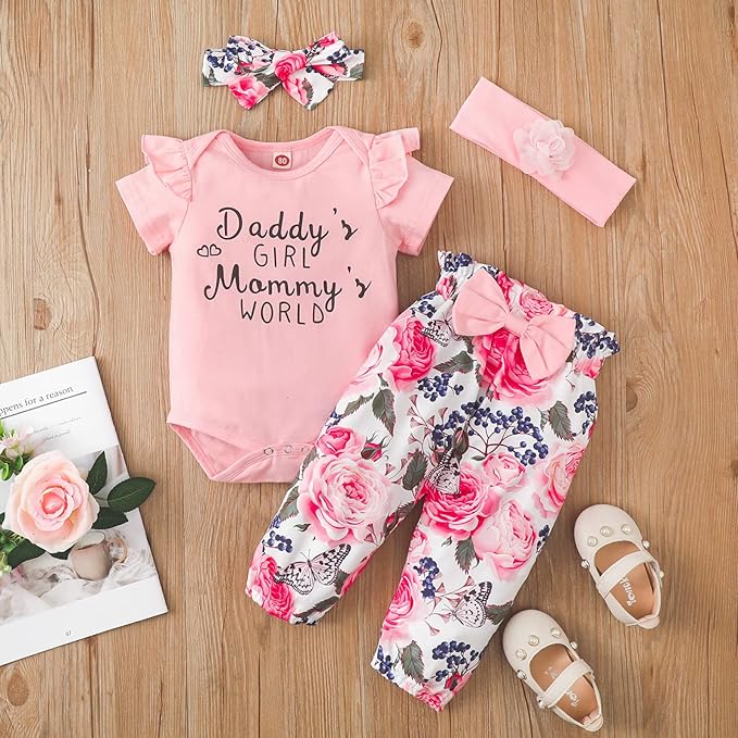 AMAWMW Newborn Baby Girl Clothes Infant Baby Ruffle Romper Pants Summer Outfits 4PCS Gifts Set Toddler Girls' Clothing