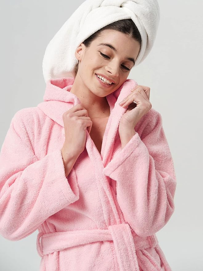 SIORO Womens Hooded Terry Cloth Robe, Cotton Absorbent Knee-Length Bathrobe, Housecoat with Pockets for Spa & Shower
