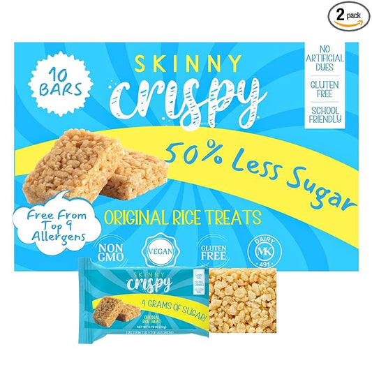 Skinny Crispy Original Vanilla Rice Treats – Low Sugar (4g), Vegan, Gluten-Free, Dairy-Free, Non-GMO, Top 9 Allergen-Free, Healthy Snack Bars, 10 Count