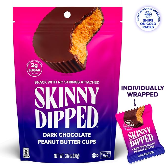 SkinnyDipped Dark Chocolate Peanut Butter Cups, 2g Sugar per Cup, Keto Friendly, Low Carb, Gluten Free, 3.2oz, 4 Pack (24 Cups Total)
