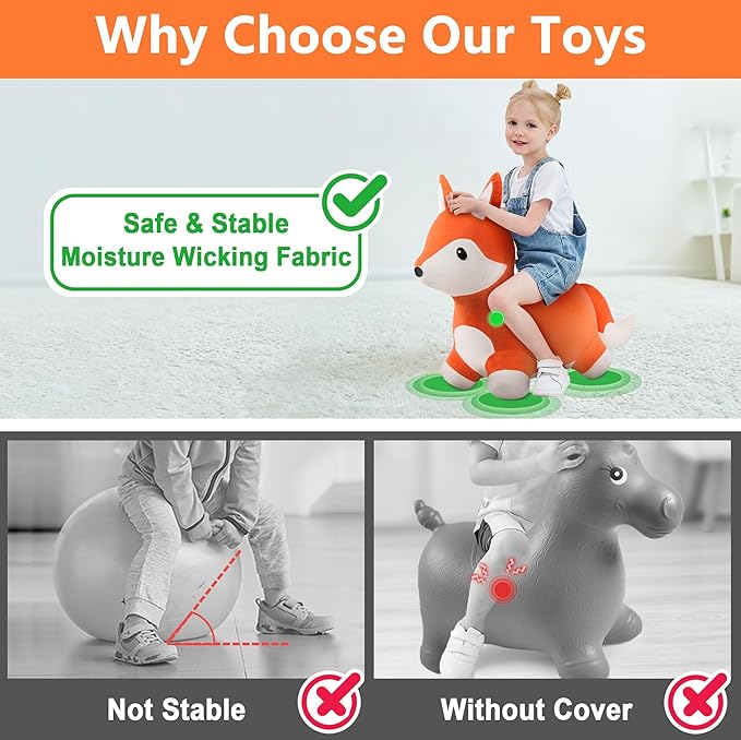 iPlay, iLearn Bouncy Pals Fox Hopping Horse, Plush Inflatable Animal Hopper, Indoor n Outdoor Ride on Jumping Bounce Toys, Birthday Gift for 18 Months 2 3 4 5 Year Old Kids Toddlers Boys Girls
