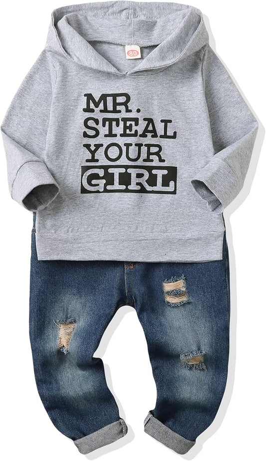NZRVAWS Baby Boy Clothes Toddler Boy Outfit 2 3 4T 6 12 18 24 Month Fall Winter Hoodie Ripped Jeans Clothing