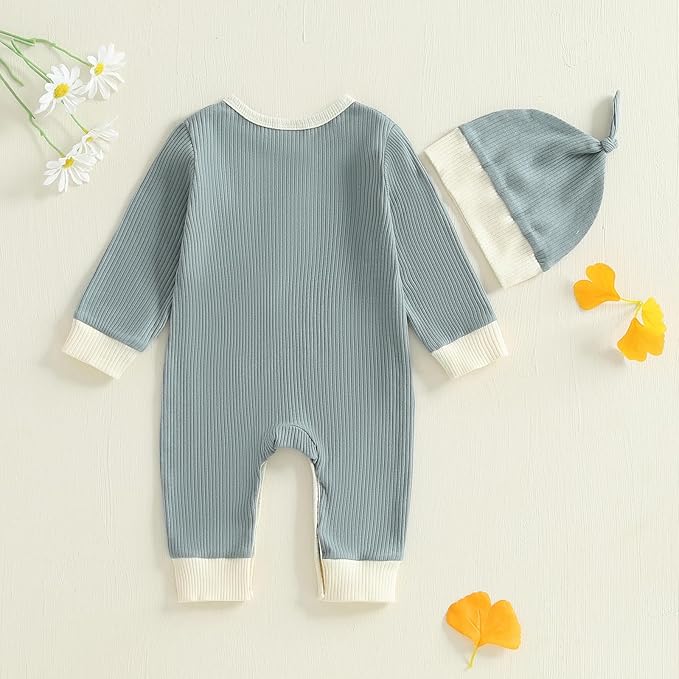 fhutpw Newborn Baby Boy Clothes Ribbed Knit Bodysuit 3 6 Months Infant Fall Long Sleeve Splicing Color Romper Jumpsuit & Hat