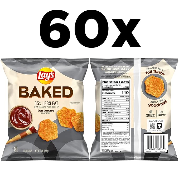 Baked, Lay's Barbecue Potato Crisps, 0.875 Ounce (Pack of 60)